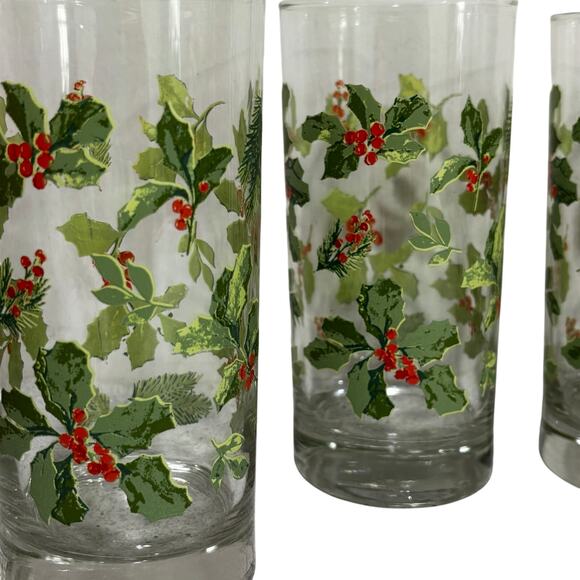 Vintage Libbey glass Christmas water highball glasses green & red holly set of 4 - Picture 8 of 9